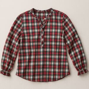 Talbots Women’s Tartan Plaid Ruffle Collar 3/4 button Blouse 100% Cotton holiday